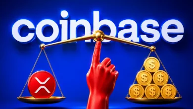 A red hand balancing a gold scale holding a red XRP token and a pile of gold dollar coins in front of a glowing Coinbase logo.