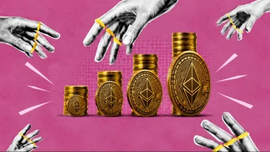 Stacks of gold Ethereum tokens of increasing sizes surrounded by reach out hands against a pink background.