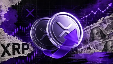Two silver XRP tokens surrounded by a purple arrow, rising chart line, and torn US dollar bills.