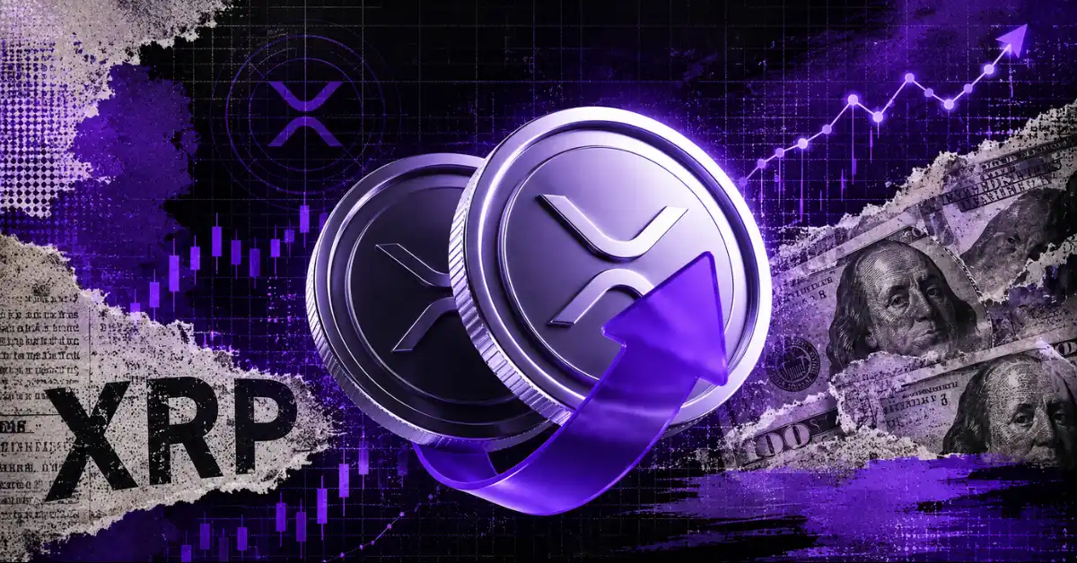Two silver XRP tokens surrounded by a purple arrow, rising chart line, and torn US dollar bills.