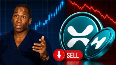 Arthur Hayes gesturing next to two teal HYPE tokens marked with a red sell button and a declining line chart.
