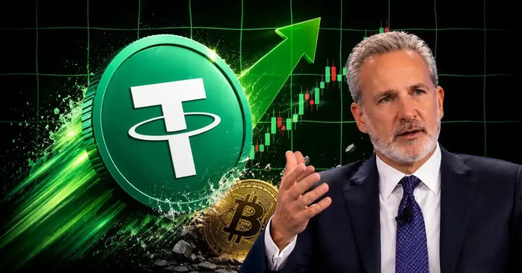 Peter Schiff speaking next to a large rising green Tether USDT coin crushing a gold Bitcoin token.