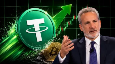 Peter Schiff speaking next to a large rising green Tether USDT coin crushing a gold Bitcoin token.