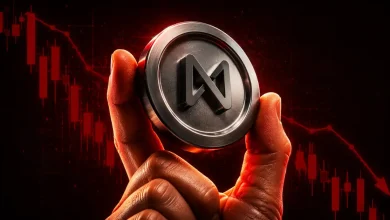 A hand holding a silver NEAR token against a red declining candlestick chart background.
