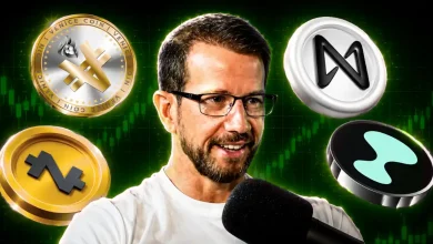 A man with glasses speaking into a microphone surrounded by Venice Coin, NEAR, Zcash, and HYPE tokens.