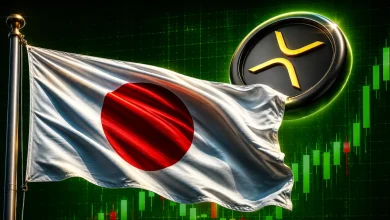 A dark background with the Ripple XRP logo next to a red rising chart line and Japanese flag symbols.