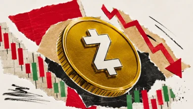 A gray Zcash coin next to an insect silhouette and a plunging red market arrow.