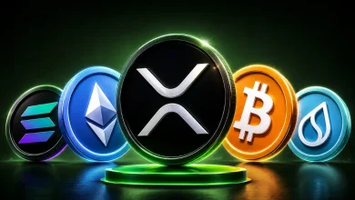 Five glowing crypto coins, including Ripple XRP, arranged over a downward-trending chart.