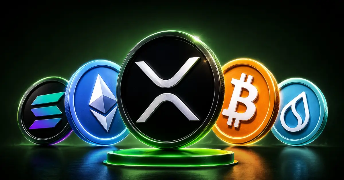 Five glowing crypto coins, including Ripple XRP, arranged over a downward-trending chart.