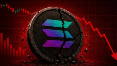A purple Solana SOL coin surrounded by falling dollar bills and a downward red trend line.