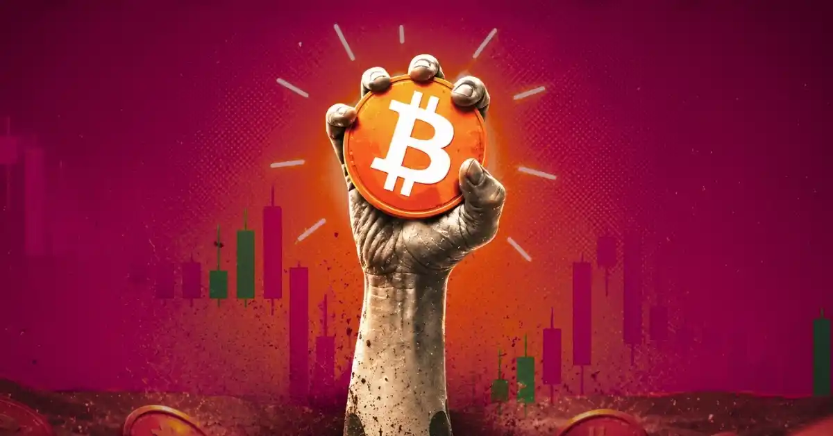 A gold Bitcoin coin positioned over a dark blue background featuring a downward red trend line.