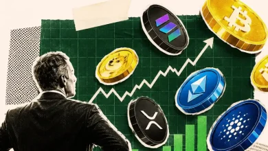 A man looking at a large upward-trending green line graph overlaid with a glowing question mark.