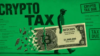 The Parthenon in Greece superimposed with a 15% tax badge and various golden cryptocurrency coins.