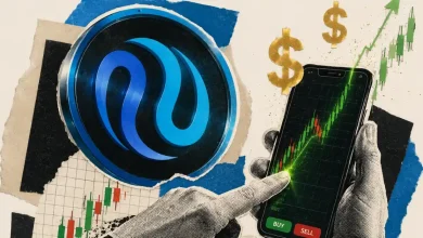 A dark blue Injective INJ token symbol over an upward-pointing green neon arrow.
