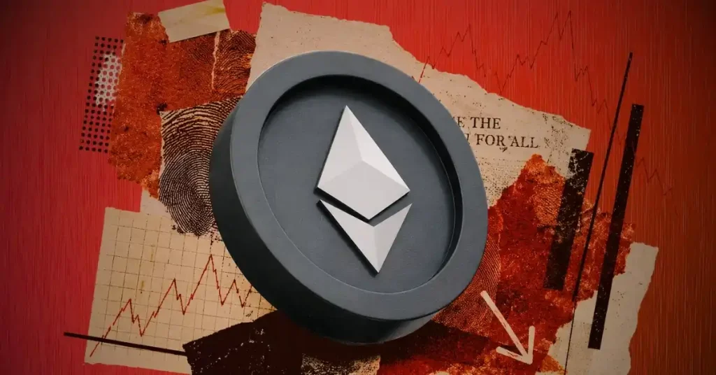 A gray Ethereum coin splitting apart above a steep red downward-trending market line.