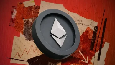 A gray Ethereum coin splitting apart above a steep red downward-trending market line.
