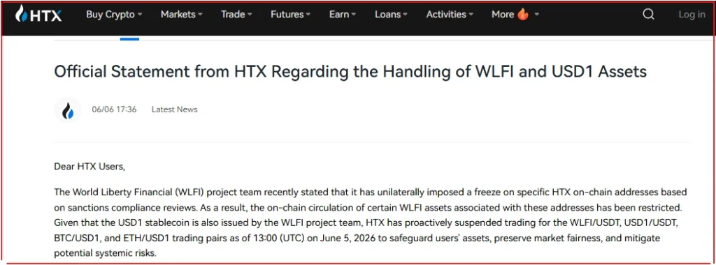 HTX Suspends WLFI and USD1 Trading After Token Freeze Sparks Control Debate