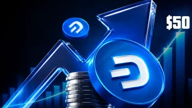 A blue Dash DASH coin floating in front of an upward-trending green market chart.