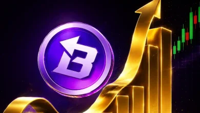 A purple Audius AUDIO token symbol next to a green cup and handle breakout chart pattern.