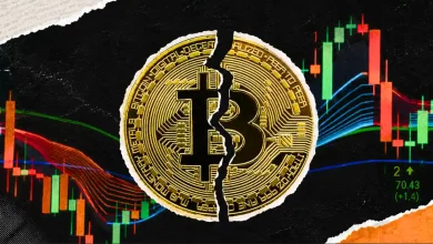 An abstract portrait of a trader next to a split Bitcoin logo and a rising stock market chart.