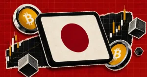 A Japanese yen symbol and Bitcoin logo split by a jagged red lightning bolt on a dark background.
