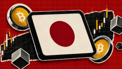 A Japanese yen symbol and Bitcoin logo split by a jagged red lightning bolt on a dark background.