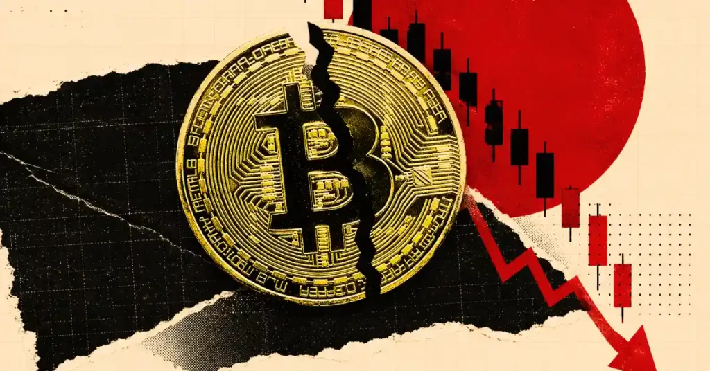 A gold Bitcoin token in front of a falling red market chart with a prominent 65% label.