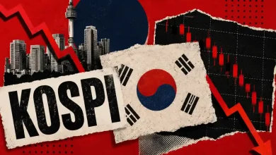 A downward-trending red market graph displaying the flags of South Korea and the United States.