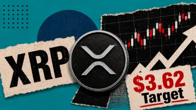 A silver Ripple XRP coin over a green, multi-cycle line graph pointing up.