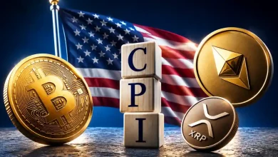 Bitcoin, Ethereum, and Ripple XRP coin symbols in front of a volatile market line graph.
