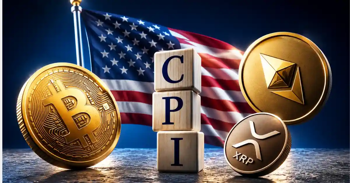 Bitcoin, Ethereum, and Ripple XRP coin symbols in front of a volatile market line graph.