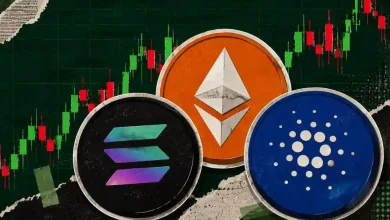 Three colorful glowing crypto tokens stacked next to a faded Bitcoin logo.