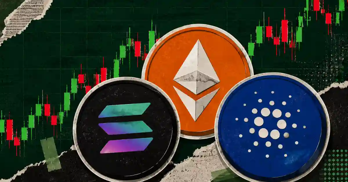 Three colorful glowing crypto tokens stacked next to a faded Bitcoin logo.