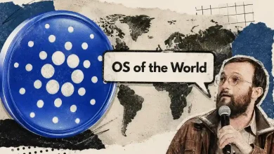 Charles Hoskinson speaking next to a glowing blue Cardano ADA logo.