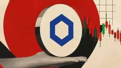 The blue Chainlink LINK logo surrounded by an interconnected network chart.