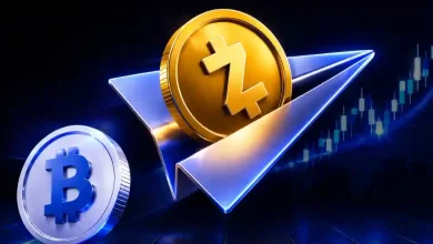 A gold Zcash ZEC coin surging ahead of a steady Bitcoin chart background.