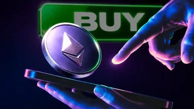 The crystal Ethereum ETH logo hovering inside a bright green market target box.
