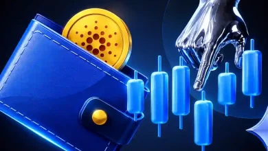 A gold Cardano ADA coin floating over an abstract glowing web network background.