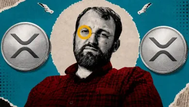 A split portrait of Charles Hoskinson next to the silver Ripple XRP logo.