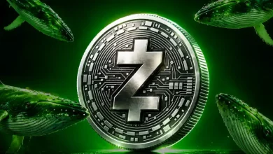 A gold Zcash ZEC coin emerging from water waves under an upward trend line.
