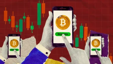 A gold Bitcoin token sliding down a steep red line graph.