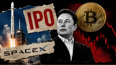 A SpaceX rocket launching next to a falling red cryptocurrency market graph.