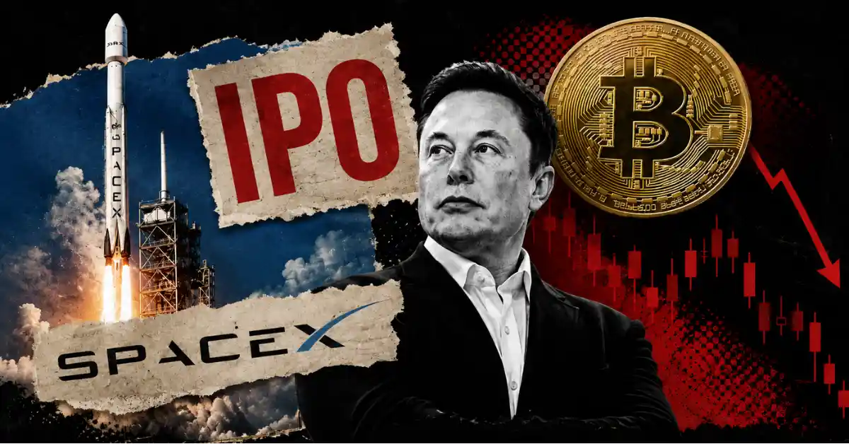 A SpaceX rocket launching next to a falling red cryptocurrency market graph.