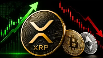 A silver Ripple XRP logo rising above falling Bitcoin and Ethereum tokens.