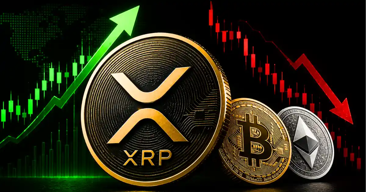 A silver Ripple XRP logo rising above falling Bitcoin and Ethereum tokens.