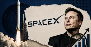 A SpaceX rocket taking off next to a portrait of Elon Musk.
