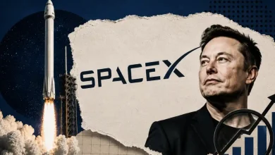 A SpaceX rocket taking off next to a portrait of Elon Musk.