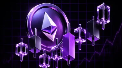A purple Ethereum token surrounded by glowing purple candlestick charts.