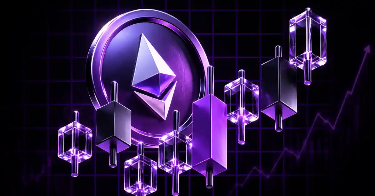 A purple Ethereum token surrounded by glowing purple candlestick charts.