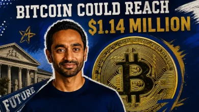 Portrait of Chamath Palihapitiya next to a large gold Bitcoin token.